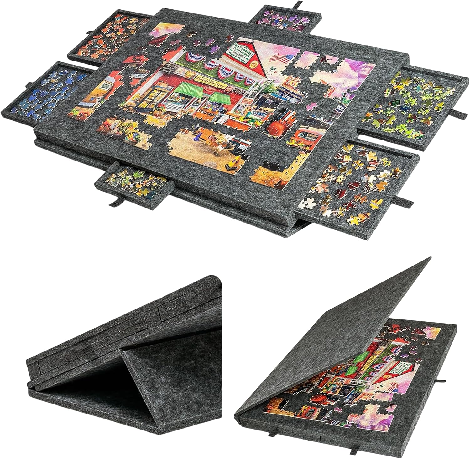 Foldable Jigsaw Puzzle Storage Board with Drawers Anti-Slip Puzzle Stand Portable Kids Puzzle Sorting Table Mat with Lid 1000 Pieces30.3 x 21.2 x 1.6 inches, Dark Gray