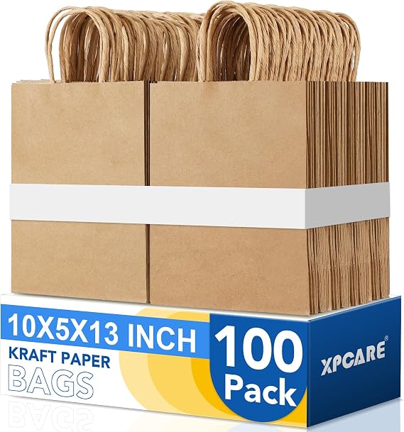 XPCARE Large Brown Paper Bags, 100 Pcs 10x5x13 Paper Gift Bags with Handles