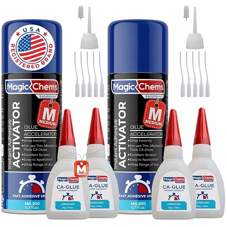 Magic Chems CA Glue with Activator, Cyanoacrylate Adhesive, Acrylic, 2 Pack | for 3D Printing; Strong Bond; 4 x 0.8 oz Glue + 2 x 6.7 fl oz Activator