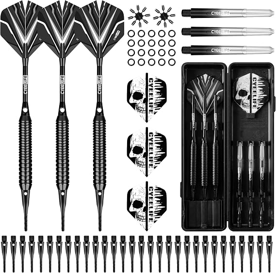 CyeeLife Soft tip Darts Set with Brass Barrel,Professional Darts Plastic Tip,Aluminum/PC Shafts + 6 Flights + 30 Soft Tip + 20 O Ring + 2 Flight Protectors + 1 Dart Case for Electronic Dartboard