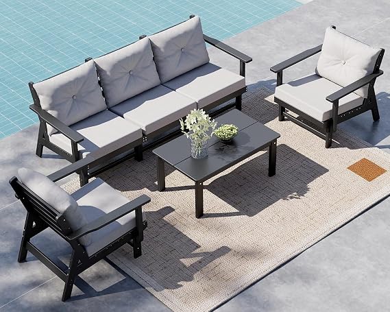 GREENVINES 6 Piece Patio Conversation Set, HDPE All Weather Couches, Black