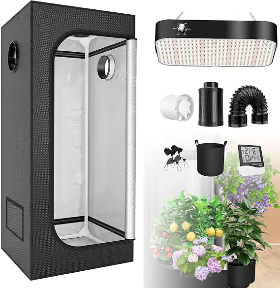 Grow Tent Kit, Indoor Grow Tent Complete System, with Timer and Hygrometer, with 200W LED Grow Light Full Spectrum, 600D Oxford Cloth, for Kitchen,70x70x160cm