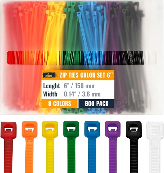 ALBO 800 Pcs. Multicolor Zip Ties, 6 Inch, 40 lb Tensile Strength