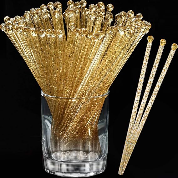 Aboat 120 Pieces 7.3 Inch Plastic Round Top Swizzle Sticks, Gold