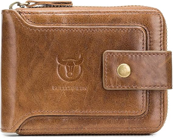 BULLCAPTAIN Genuine Leather Wallet for Men QB-231 (Brown) | Large Capacity, Bifold, Zipper Coin Pocket, RFID Blocking & ID Window,12 card slots,gift choice