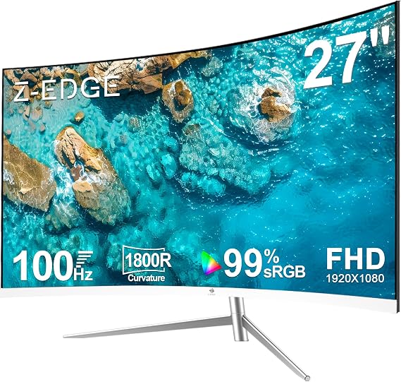 Z-Edge 27 inch Curved Computer Monitor, FHD 100Hz White PC Monitor, HDMI | U27C Eye Care, Frameless,1800R,99%sRGB,3000:1 contrast, 250 cd/m2 brightness,5ms response time, for Work, Business,Gaming