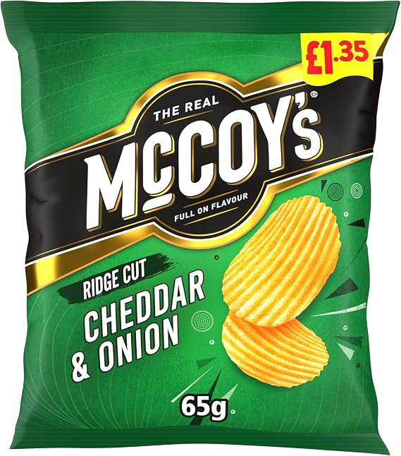 McCoy’s Cheddar & Onion Crisps 20 × 65 g PMP – Full-Flavour Ridge-Cut Potato Snacks with Rich Cheddar & Onion Taste – Suitable for Vegetarians – Official Hundred Cricket Team Partner