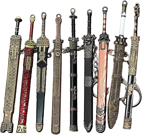 9PCS Mini Sword 4.7" Ancient Sword Keychain Zinc Alloy Key Chain Old Scabbard Decoration Pattern Keychain Uncut Blade Model for Men Women
