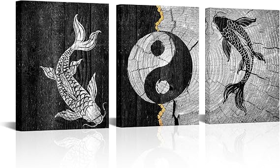 Biuteawal 3 Piece Yin Yang Symbol Wall Art Black White Koi Fish Picture Traditional Chinese Culture Art Prints Painting Retro Artwork Home Office Bathroom Decor