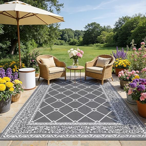 SHACOS Outdoor Rug for Patios Waterproof 180x270 cm Reversible Garden Rug Patio Rugs UV Resistant Foldable Outdoor Carpet Mat Plastic Straw Rugs for Balcony Decking Camping Beach, Grey