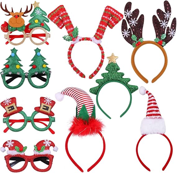 Aneco 9 Pack Christmas Headbands & Glasses Frames Xmas Party Hat Headwear Christmas Costume Accessory for Xmas New Year Holiday Party Supplies