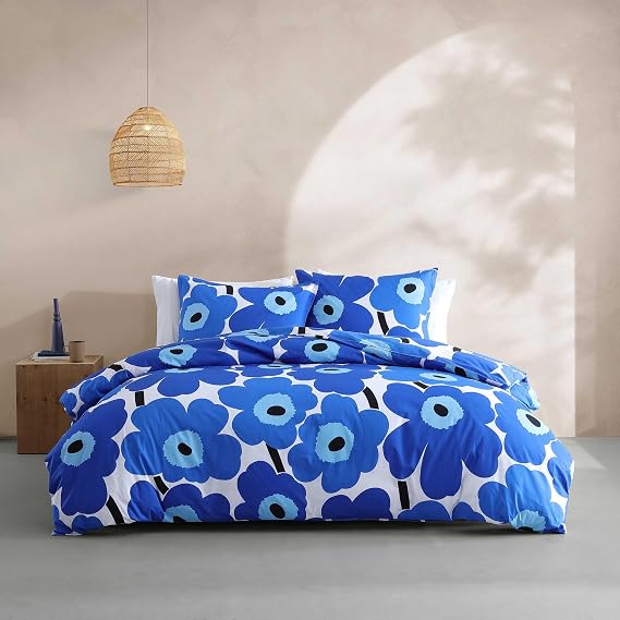 MARIMEKKO - King Comforter Set, Cotton Percale Reversible Bedding with Matching Shams, Floral Home Decor (Unikko Blue, King)
