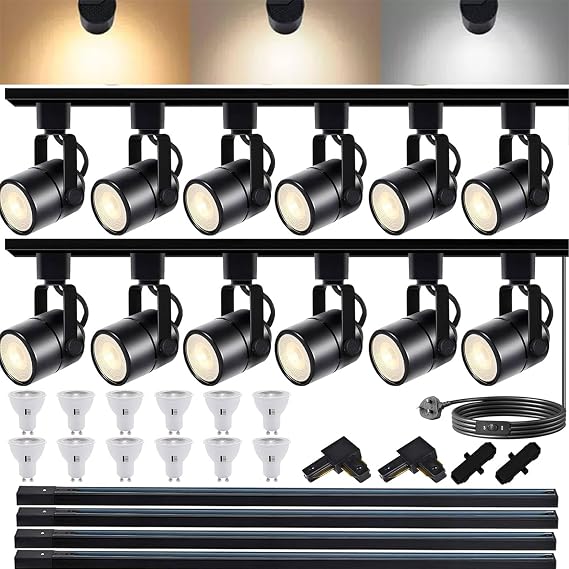 Dimmable LED Track Lighting Heads Kit, 3CCT 10W L-Type Track Lights 3000K/4000K/6000K Adjustable with 2M Track Rail, 12PCS Ceiling Spotlight Fixtures Replaceable GU10 Bulbs [Energy Class D]