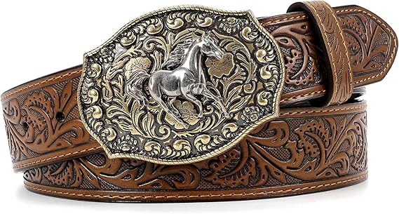 SANSTHS Cowboy Belt for Men Women with Western Buckle Cowgirl Belt | Soft Genuine Leather Strap, Adjustable 9 Holes, Embossed Western Floral, Alloy Cowboy Buckle for Jeans, Cowboy Outfits