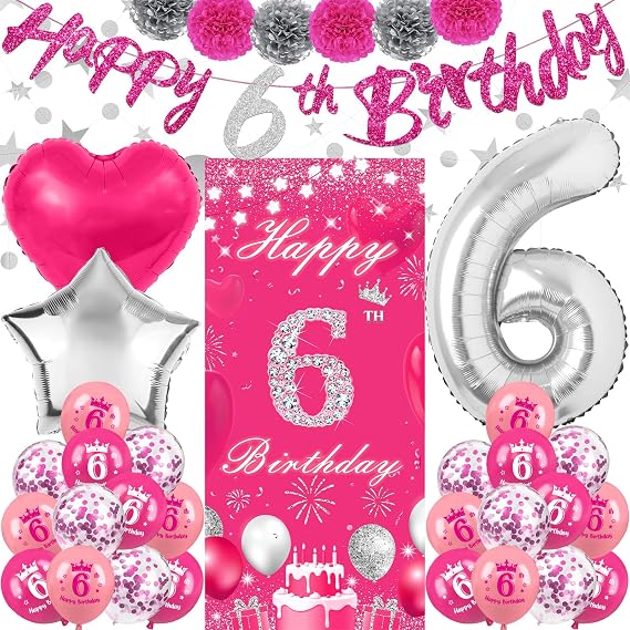 TSVATE 6th Birthday Decorations for Girls, Daughter, Pink 6 Year Old Girl Birthday Decorations, Happy 6th Banner, Backdrop, Yard, Door, Wall, Number 6 Balloon, Pompoms, Star Garland