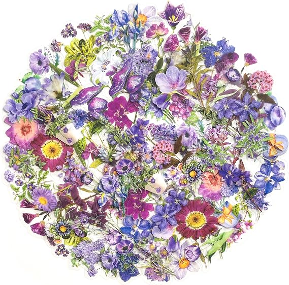 100-Piece Purple Wildflower Plant Sticker Pack - Floral Watercolor Clear Flower Stickers for Scrapbooking, Journaling, Resin Crafts, and Decorations