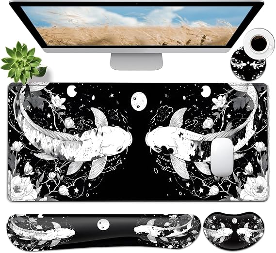 JVGFYNKL Large Gaming Mouse Pad Set, Ergonomic Memory Foam Keyboard Wrist Rest Support + Mouse Wrist Rest + Extended Desk Mat with Non-Slip Rubber Base, Two Koi Fish in Japanese Style Desk Pad