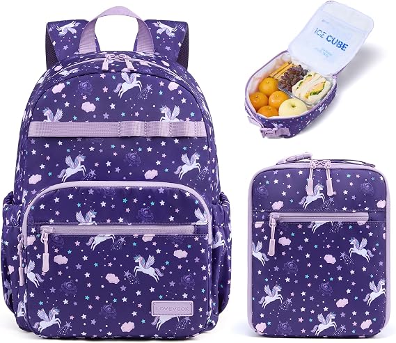 LOVEVOOK Unicorn Kids Backpack for Toddler Girls 4-10, with Lunch Box, Preschool Kindergarten Little Kids Student Backpack for Back to School, Cute Animal Bookbag, Elementary Daycare Pre K 1st Grade