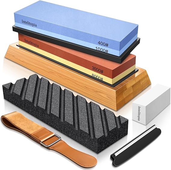 Intelitopia Complete Knife Sharpening Stone Set Dual Grit Whetstone 400/1000 3000/8000 Knife Sharpener with Leather Strop, Flattening Stone, Bamboo Base, 3 Non-slip Rubber Bases & Angle Guide