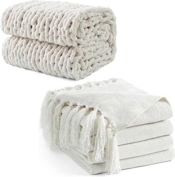 Chunky Knit Throw Blanket Bundle Chenille Throw Blanket, 50"X 60" White