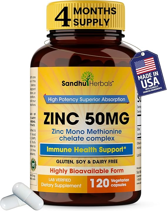 Zinc 50mg Capsules, Zinc Monomethionine Chelated Supplements, 120 Count | SANDHUHERBALS Zink 50 mg highly absorbable supports immune skin health for men & women made in USA NSF-GMP certified facility
