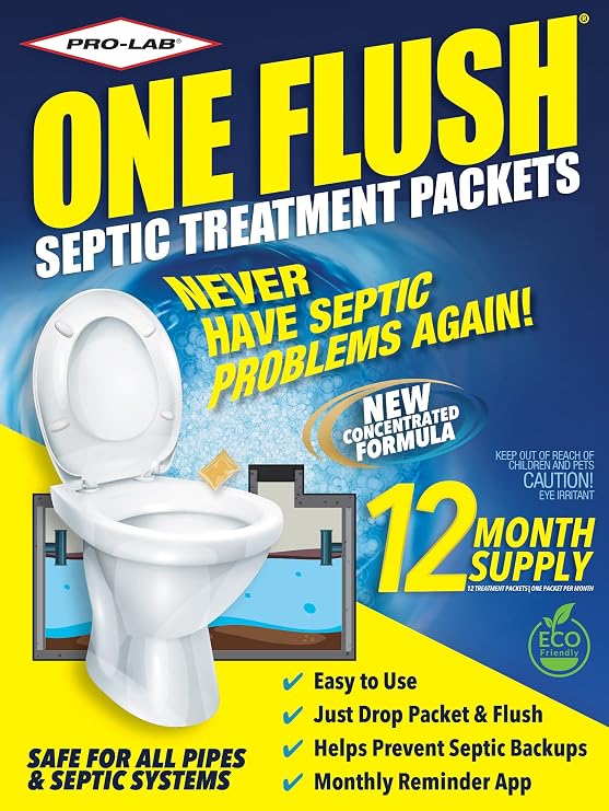 One Flush Septic Tank Treatment Packets - 1 Year Supply of Dissolvable Septic Tank Treatment Packets - Use Septic Treatment Enzymes Packets Monthly to Prevent Expensive Septic System Backups 12 Count