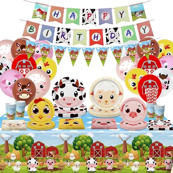 Farm Birthday Decorations -121 Pcs Birthday Party Supplies Serves 20, Animal Tableware Set for Farm Theme Decorations Baby Shower