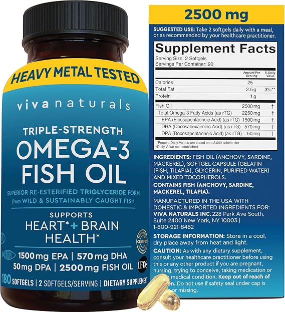 Omega 3 Fish Oil Supplement for Women and Men - 2500 mg Triple Strength Fish Oil per Serving with Omega 3 Fatty Acids Including EPA, DHA DPA - 180 Pescatarian-Friendly Softgels