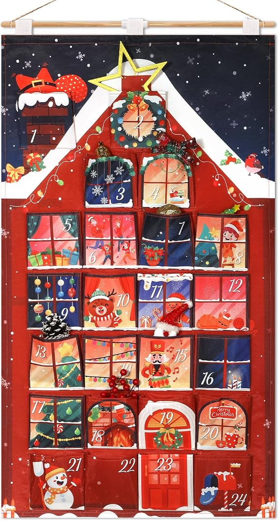 DPKOW Fun House Advent Calendar Fill Your Own, Reusable DIY Advent Calendar Fillable Christmas Calendars Gifts Creative House, Fabric Large Pockets Personalised