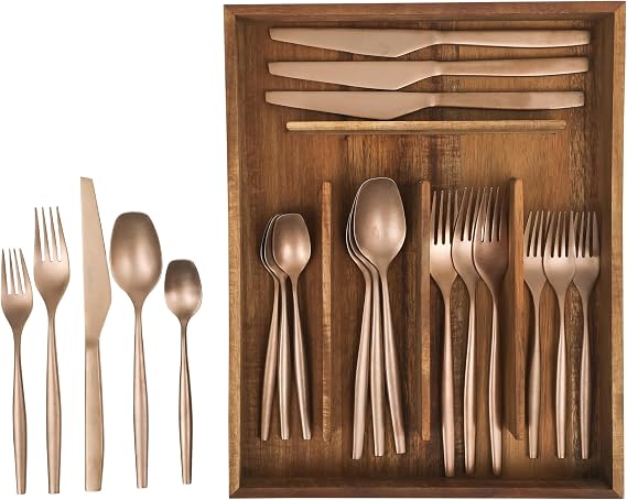 Bloomhouse - Two Time Oprah's Favorite Things Winner - 20 Piece Stone Washed Rose Gold Flatware 18/10 Stainless Steel Silverware Cutlery Utensil Set With Acacia Wood Caddy - Service for 4