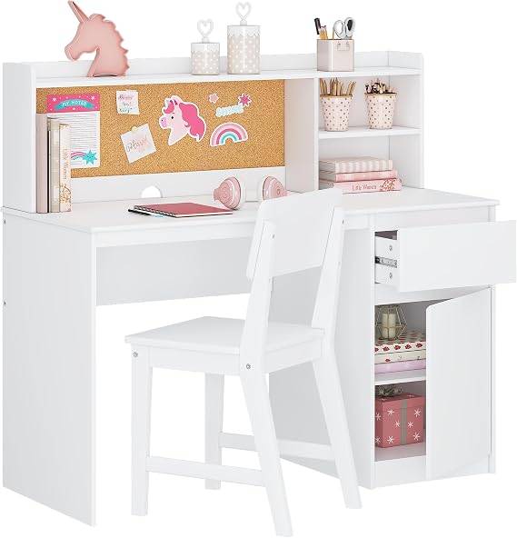 UTEX Wooden Kids Desk and Chair Set with Hutch and Storage for Ages 5-12