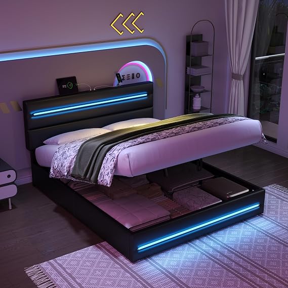 Upholstered Ottoman Bed with LED Lighting & Charging Station, 4ft6 Double Bed Frame with LED Adjustable Headboard, PU Functional Hydraulic Gas Lift Up Storage Beds with Wooden Slats,No Mattress,Black