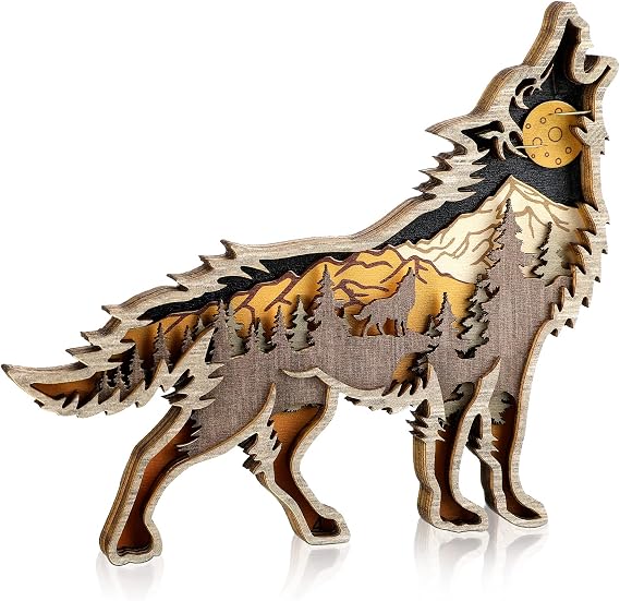 Honoson Wooden Wall Art Rustic Forest Scene Decor, Wolf Style, Brown