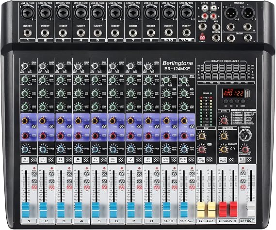 12 Channel Bluetooth Professional Audio Mixer DJ Sound Console USB MP3 Recording 10 XLR Microphone Jack 7 Band EQ 48V Phantom Power Stereo 16-BIT Digital Multi FX Processor (BR-124MX)
