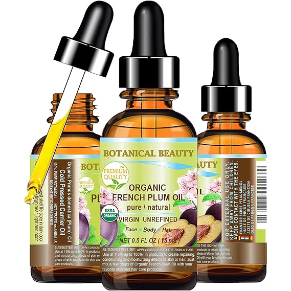 Botanical Beauty Organic French PLUM OIL 100% Pure Natural VIRGIN UNREFINED Cold-Pressed Carrier Oil for Face, Skin, Body, Hair, Lip, Nails. Rich in Vitamin E, Omega 6, Omega 9 (0.5 Fl Oz)