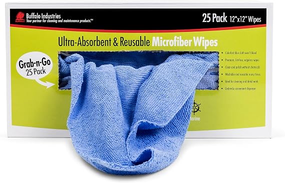 Buffalo 65102 Microfiber Cloths Economy Cleaning Cloths, Dispenser Wipes Box, Blue,12" x 12", 25-Pack