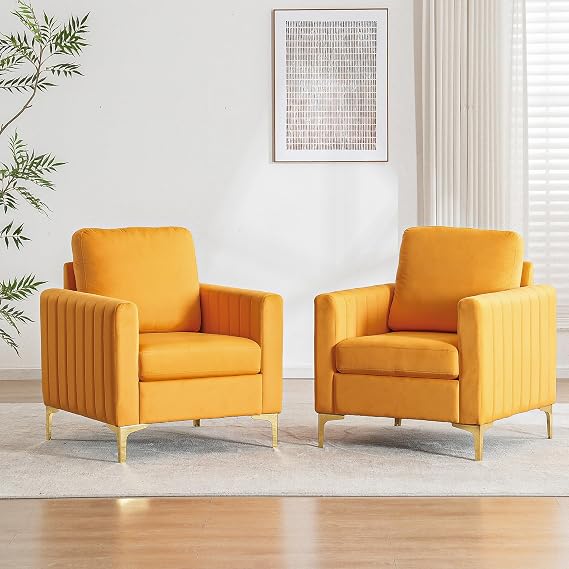 Set of 2 Velvet Accent Chair with Gold Legs for Living Room, Mustard Yellow | Modern Comfy Reading Armchair for Bedroom
