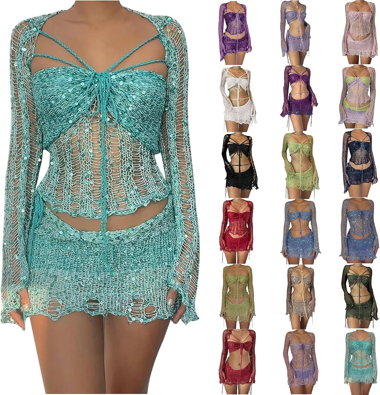 Mermaid Top Women Sparkle Sequin Short Skirt Set 3 Piece Party Outfits Y2k Crochet Knitted Mesh Halloween Outfits