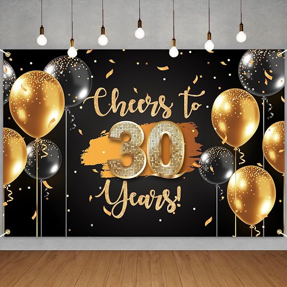 Cheers to 30 Years Backdrop Banner Happy 30th Birthday Background Decorations for Women Men Her Him Anniversary Photography Party Supplies Black Gold