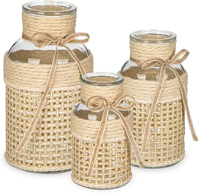 Hollyone 3Pcs Flower Vase Glass Vase with Cotton Rope Cover Woven Glass Vase Decorative Flower Bottle Modern Vase for Table Centerpiece Farmhouse Wedding Home Decor