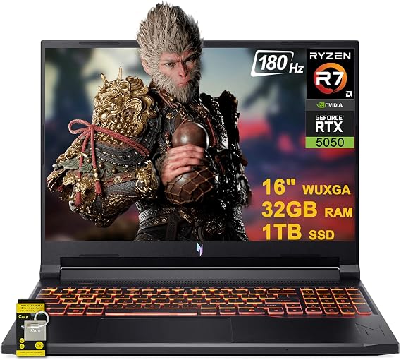 acer Nitro V 16 AI Gaming Laptop 16" WUXGA IPS 180Hz AMD Zen 4 Octa-Core Ryzen 7 260 32GB RAM 1TB SSD GeForce RTX 5050 (Up to 421 AI Tops) Backlit Win11 w/ICP Hub