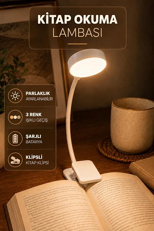 Şarjlı Ayarlı Klipsli Mini Kitap Okuma Lambası Mandallı Işık Masa Lambası Kitap Okuma Işığı AV3310 [Enerji Sınıfı A]