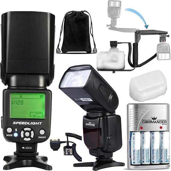 Speedlite Dedicated Electronic Flash Bundle for Canon EOS Rebel 60D, 70D, 80D, 90D, 6D Mark II, 5D Mark IV Includes- U-Shape Bracket, Off Shoe Cable, Rechargeable Batteries, Diffuser, Case