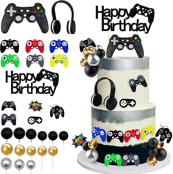 28 PCS Video Game Birthday Cake Toppers Controller Headset Ball Cake Decoration for Video Game Theme Birthday Party Supplies