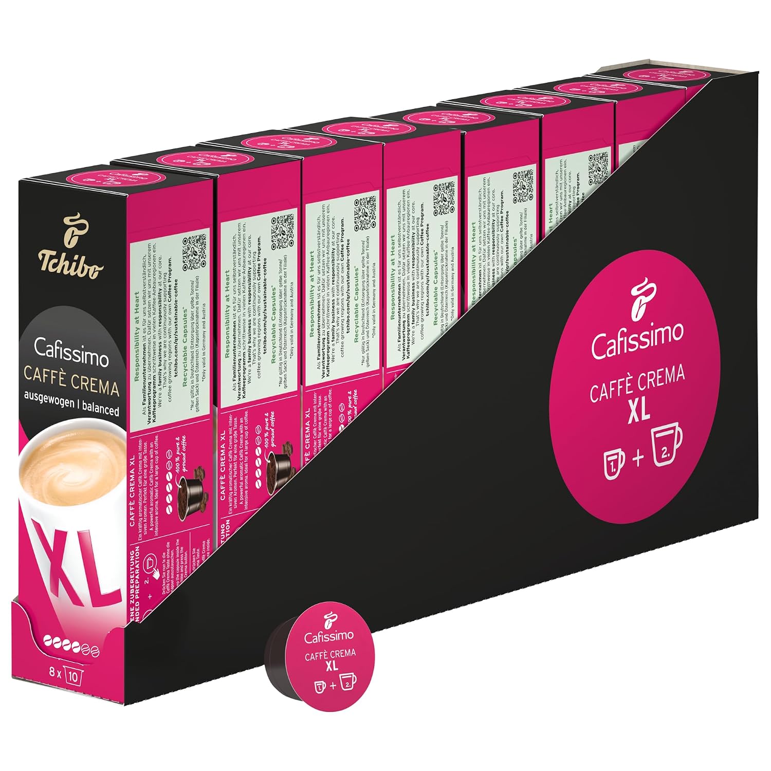 Tchibo Cafissimo Vorratsbox Caffè Crema XL Coffee Kaffeekapseln 80 Stück – 8x10 Kapseln (Kaffee kräftig mit intensiven Aromen) nachhaltig & fair gehandelt für große Kaffeebecher