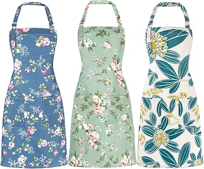 Apron for Women with Pockets, 3 Pcs Floral Print Canvas Apron with Adjustable Neck Strap for Cooking, Baking, Gardening, Crafts