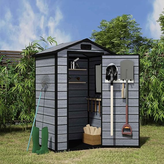 BIRCHTREE 4X3FT Plastic Garden Shed with Floor Apex Roof Wood Grain Effect Fade Free All Weather Resistant Lockable Door Outdoor Storage Box Air Vent&Window Garden Tool Shed Low Maintenance Grey