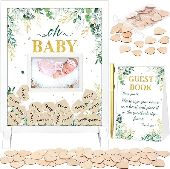 66 Pcs Greenery Baby Shower Guest Book Alternative Eucalyptus Baby Shower Sign in Guest Book Oh Baby Guestbook Sign Frame 60 Pcs Wood Heart for Baby Shower Gender Reveal Boys Girls Birthday Party