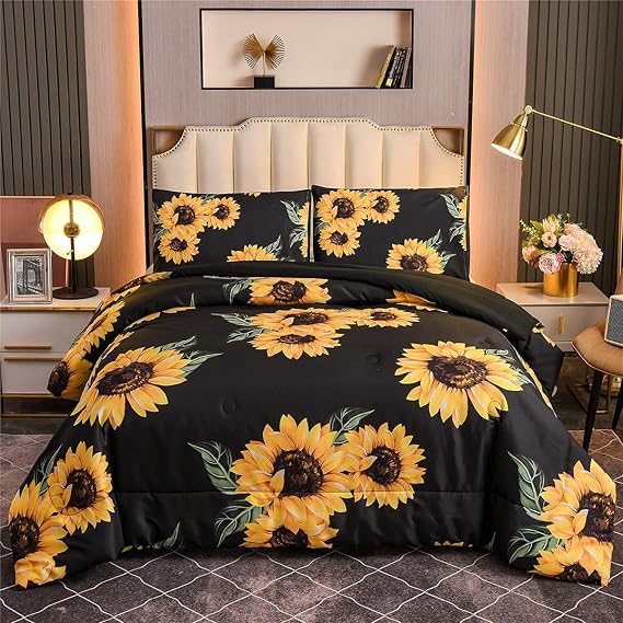 NTBED 3Pcs Black Sunflowers Comforter Set Queen Bedding Set for Girls | Yellow Floral Botanical Microfiber Bed Set with Pillow Cover