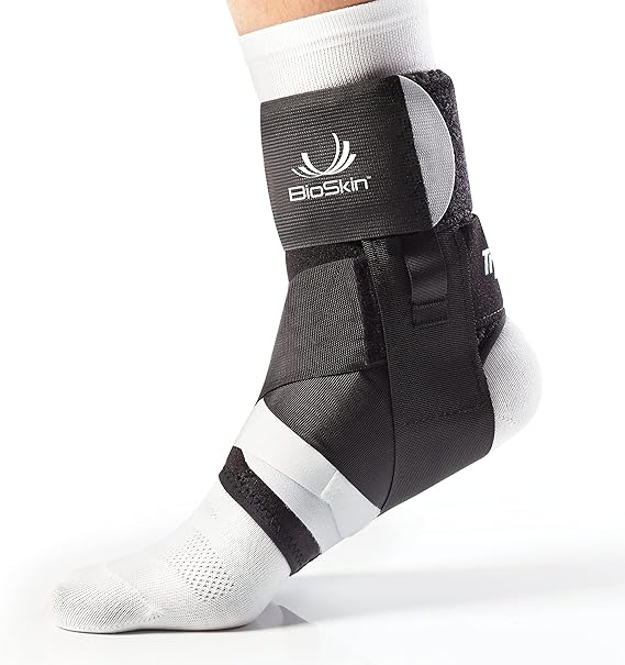 BioSkin Ankle Brace for Plantar Fasciitis, Tendonitis & Sprains TriLok | Arch-lift strap and figure-8 stabilizer support the arch and ankle together. Left or right foot.